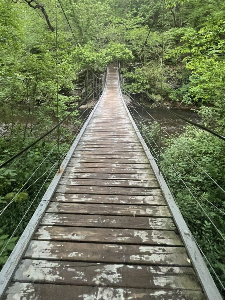 The swinging suspension bridge at Tanyard Creek, hung on steel cables above the creek in Bella Vista