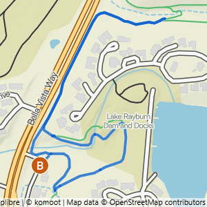 Route map for Bella Vista Museum to It’ll Bluff Out Shortcut & Lake Rayburn Waterfall, a 1.2-mile challenging hike in Bella