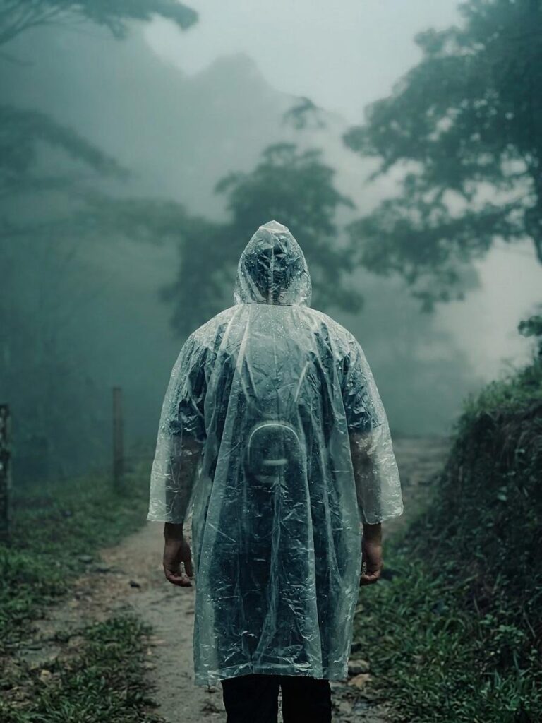 A hiker in a clear plastic rain poncho on a foggy trail