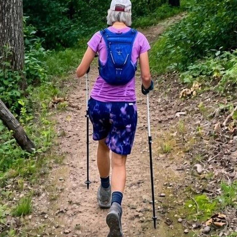 A hiker walking away up a dirt trail, planting a trekking pole in each hand