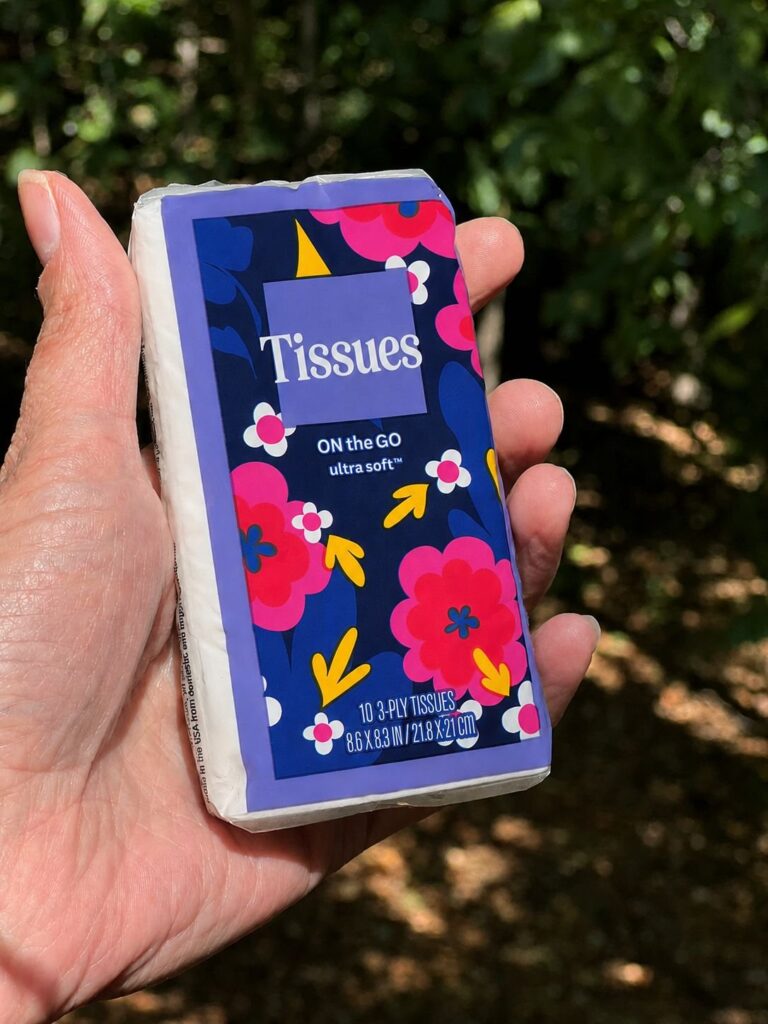 A hand holding a small pack of pocket tissues