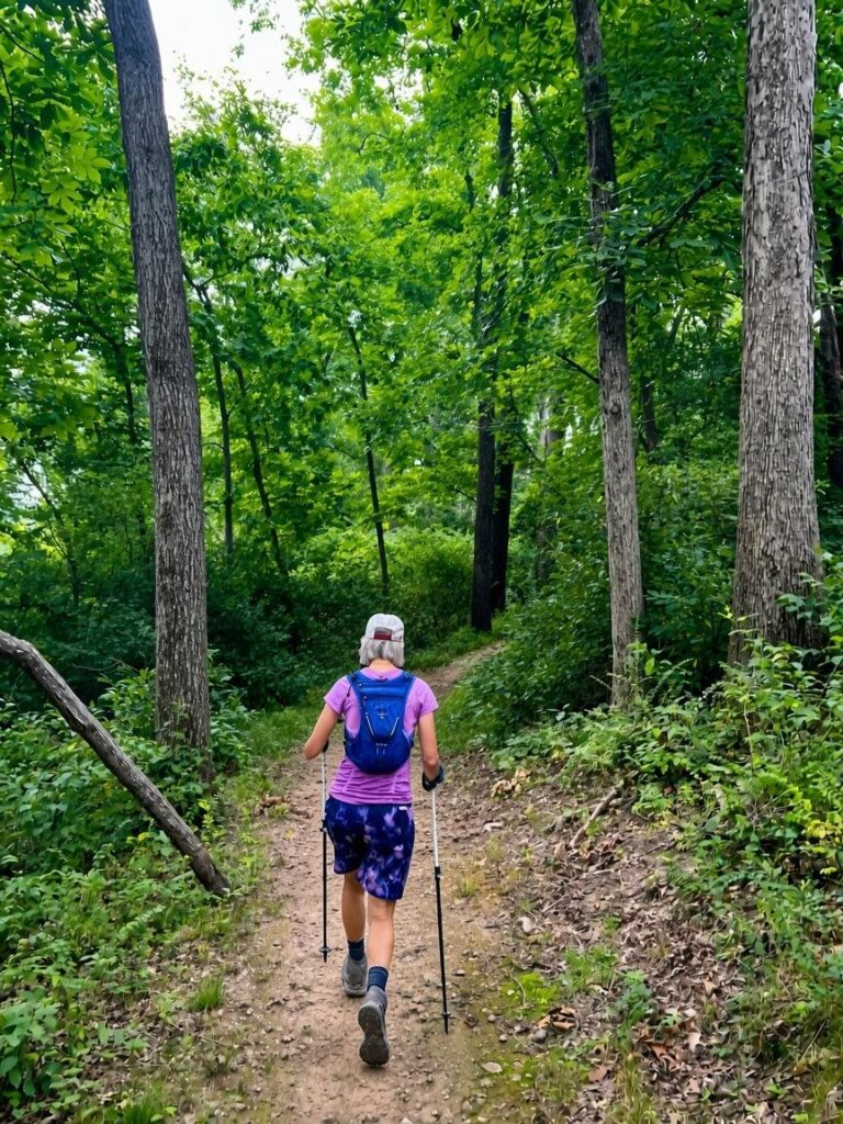 A hiker with trekking poles and a small backpack walking away along a narrow dirt trail through green woods