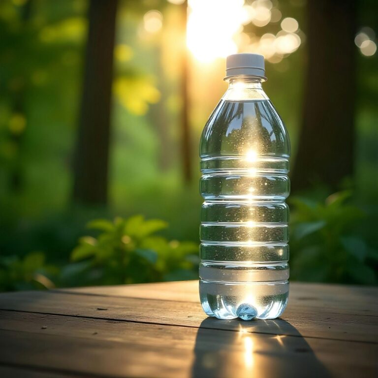 A clear plastic water bottle on a wooden table in a sunlit forest