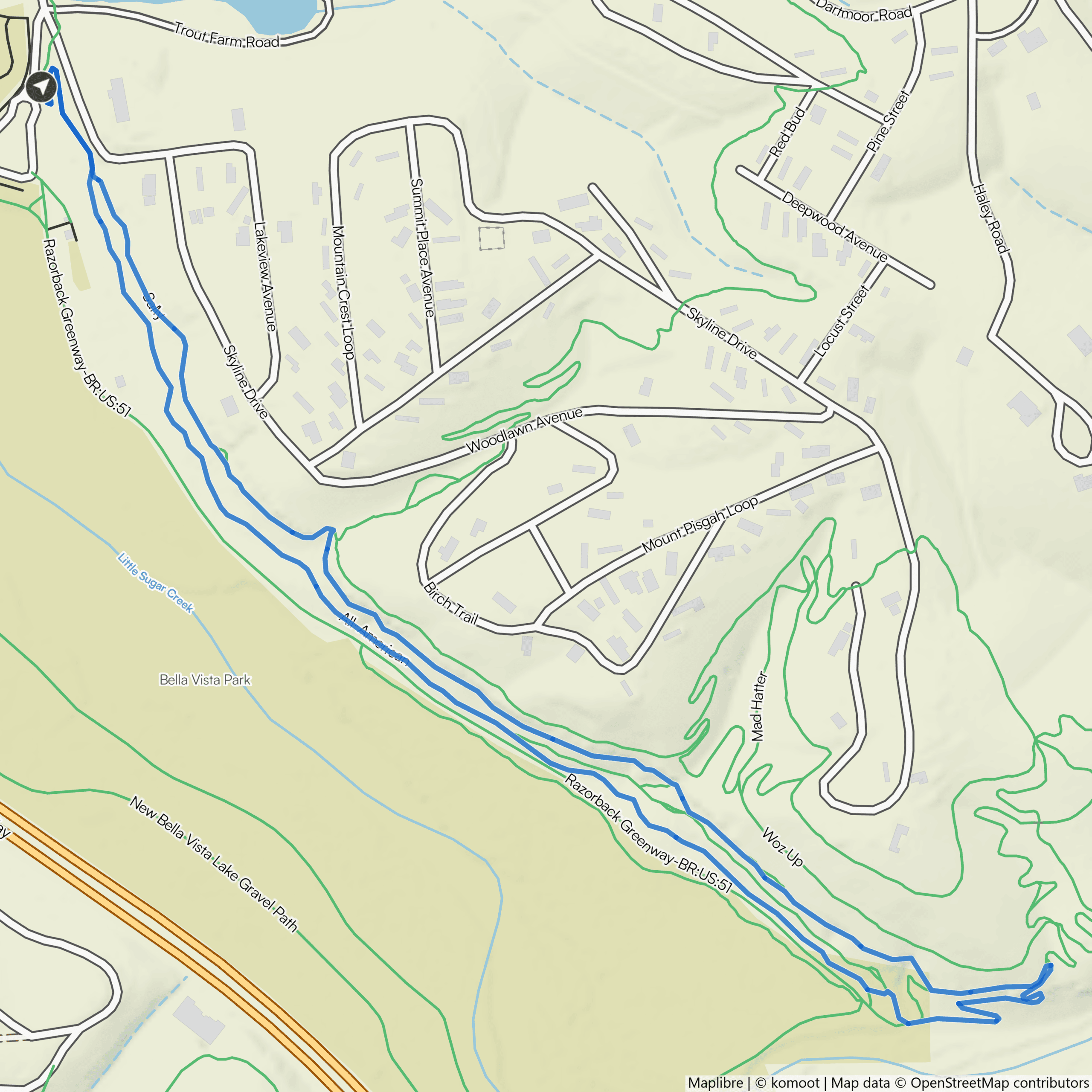 Route map for Veterans to All-American & Sally, a 1.8-mile challenging hike in Bella Vista, Arkansas